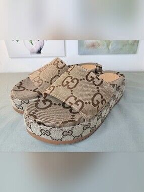 Gucci Angeline GG Platform Women's Slide Sandals US 9 EU 39 Beige/Tan